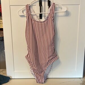 Striped One-Piece Swimsuit - Rust and White